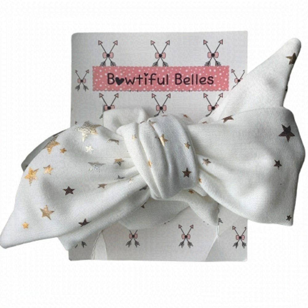 Bowtiful Belles Baby Toddler Headwrap Bow White Gold Stars O/S Adjustable